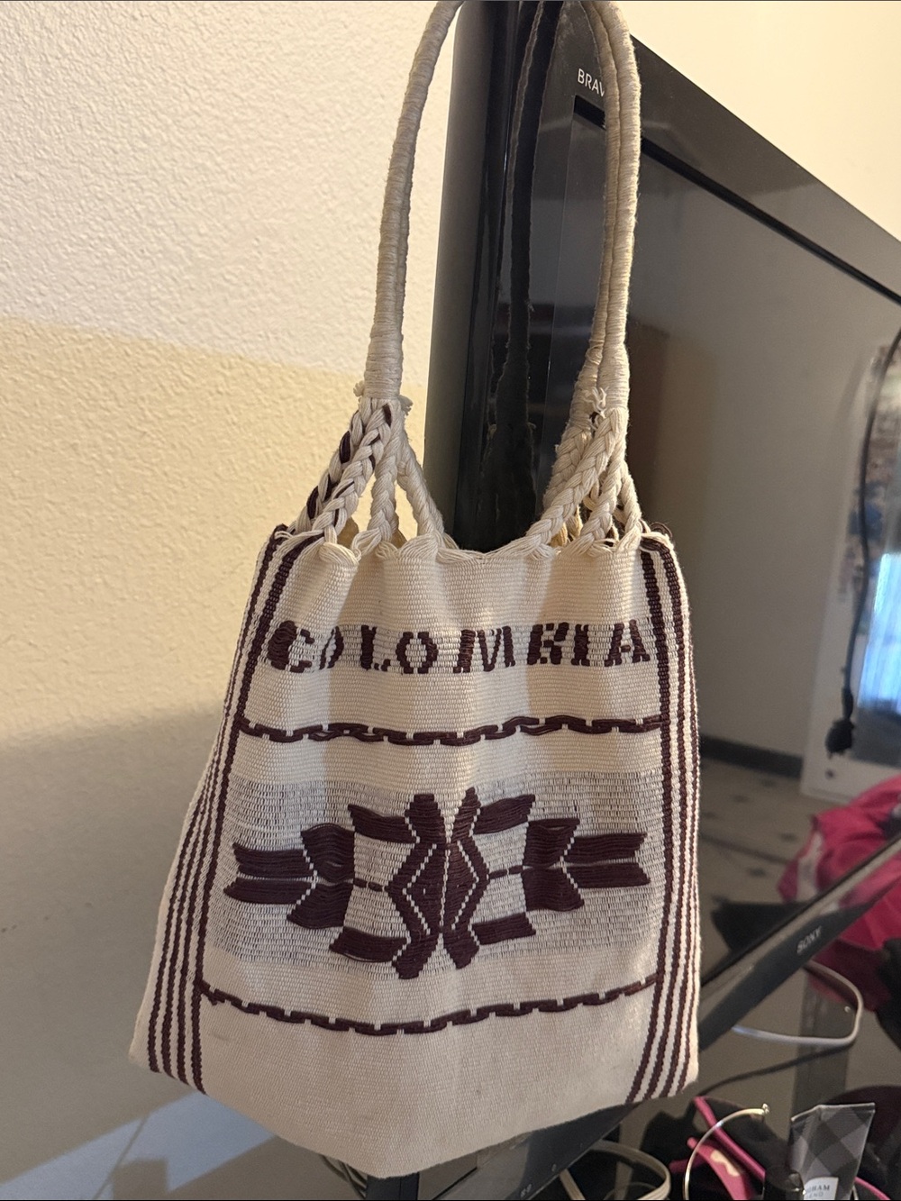 Cream and Dark Brown Handwoven Tote Bag with Geometric Motif